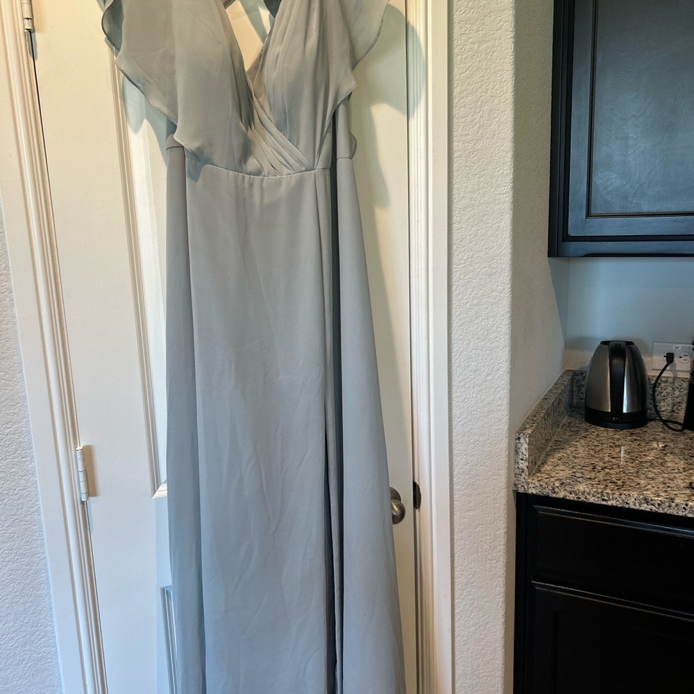 Azazie Blue Pleated Tiered Gown V-Neck Flutter Sleeve